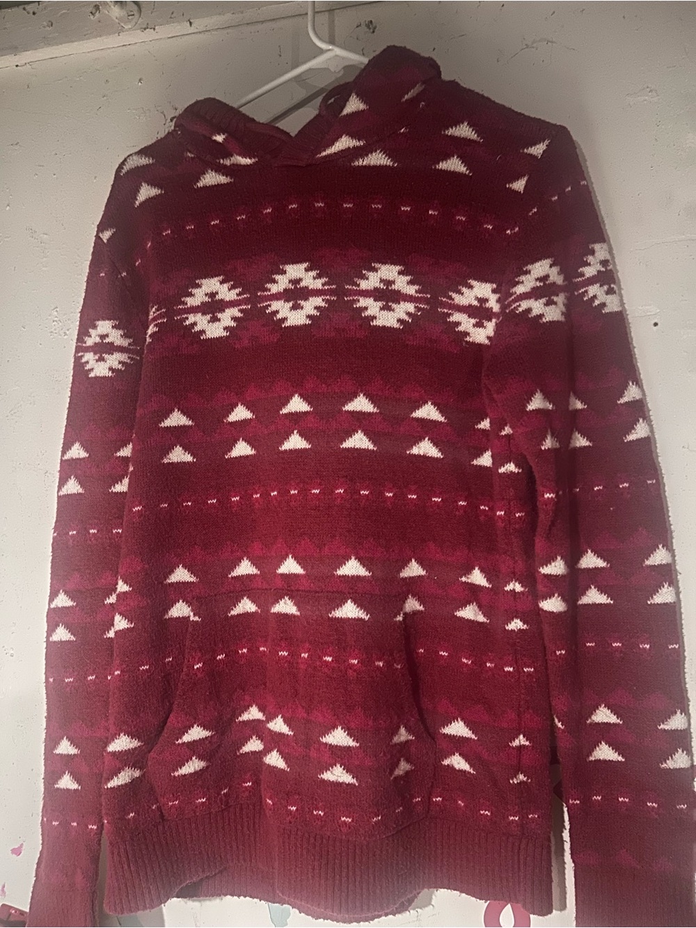 Hollister Burgundy and White Patterned Cowl-Neck Sweater with hood and pocket